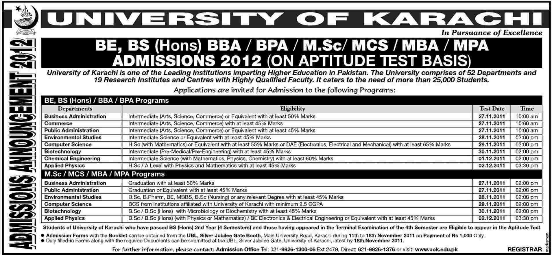 Karachi University Aptitude Test Date