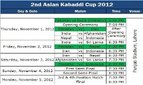 Asia Kabaddi Cup Schedule and timings